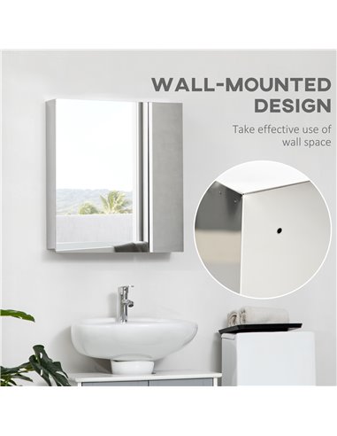 Kleankin Bathroom Wall Mounted Mirror Cabinet with Hinged Door, Storage Shelves, Silver