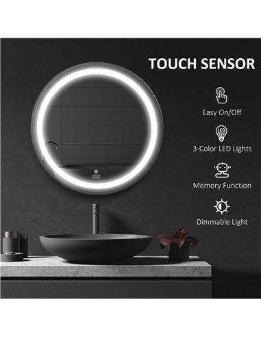 Kleankin Wall-Mounted Round LED Bathroom Mirror with 3 Temperature Colours, Memory Function, Black