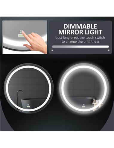 Kleankin Wall-Mounted Round LED Bathroom Mirror with 3 Temperature Colours, Memory Function, Black