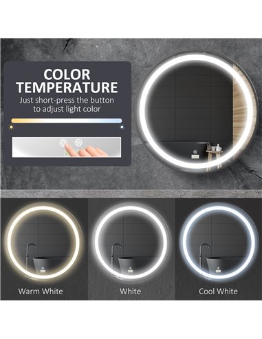 Kleankin Round LED Bathroom Mirror, Dimmable Lighted Wall-Mounted Mirror with 3 Temperature Colours, Memory Function, Hardwired