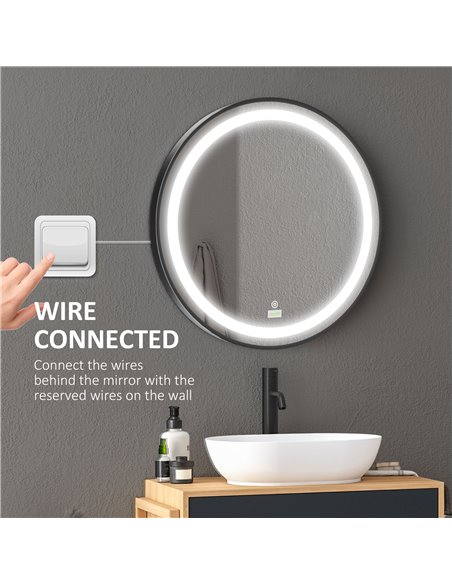 Kleankin Round LED Bathroom Mirror, Dimmable Lighted Wall-Mounted Mirror with 3 Temperature Colours, Memory Function, Hardwired - pic 21567 | FastDaddyshop
