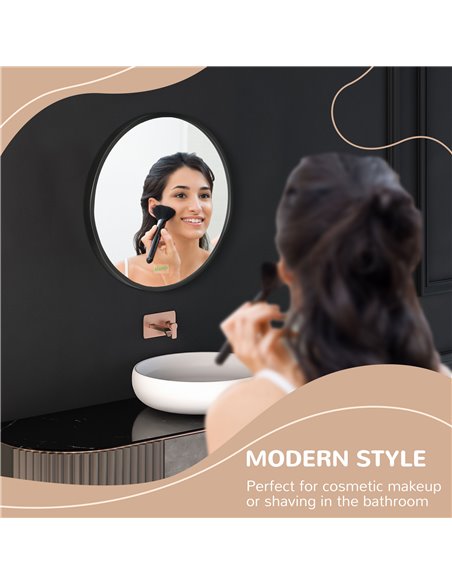Kleankin Round Bathroom Mirror, Modern Wall-mounted Makeup Mirror with Aluminium Frame for Washroom Living Room, Black, 40x40 cm - pic 21575 | FastDaddyshop