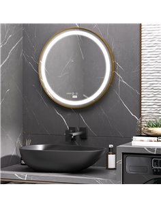 Kleankin Round LED Bathroom Mirror with 3 Colours, Time Display, Memory, Hardwired, Gold Tone 2
