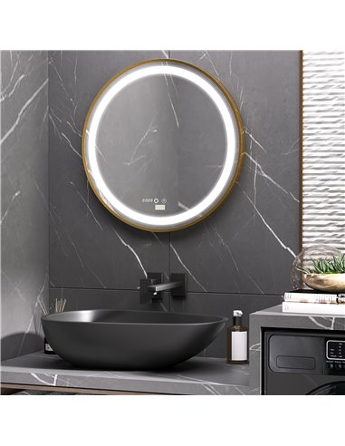 Kleankin Round LED Bathroom Mirror with 3 Colours, Time Display, Memory, Hardwired, Gold Tone