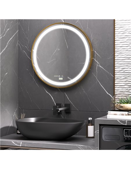 Kleankin Round LED Bathroom Mirror with 3 Colours, Time Display, Memory, Hardwired, Gold Tone - pic 21580 | FastDaddyshop