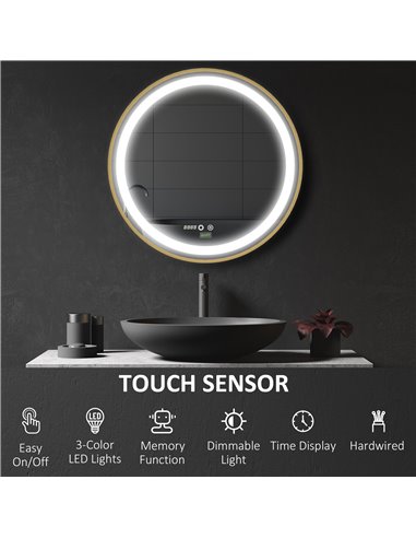 Kleankin Round LED Bathroom Mirror with 3 Colours, Time Display, Memory, Hardwired, Gold Tone