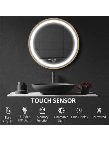 Kleankin Round LED Bathroom Mirror with 3 Colours, Time Display, Memory, Hardwired, Gold Tone - pic 21582 | FastDaddyshop