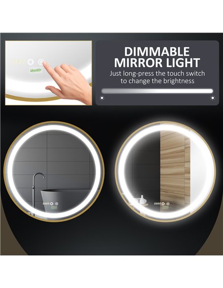 Kleankin Round LED Bathroom Mirror with 3 Colours, Time Display, Memory, Hardwired, Gold Tone - pic 21583 | FastDaddyshop