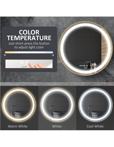Kleankin Round LED Bathroom Mirror, Dimmable Lighted Wall Mount Mirror with 3 Colours, Time Display, Memory Function, Hardwired