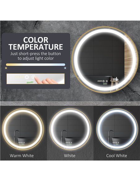 Kleankin Round LED Bathroom Mirror, Dimmable Lighted Wall Mount Mirror with 3 Colours, Time Display, Memory Function, Hardwired - pic 21584 | FastDaddyshop