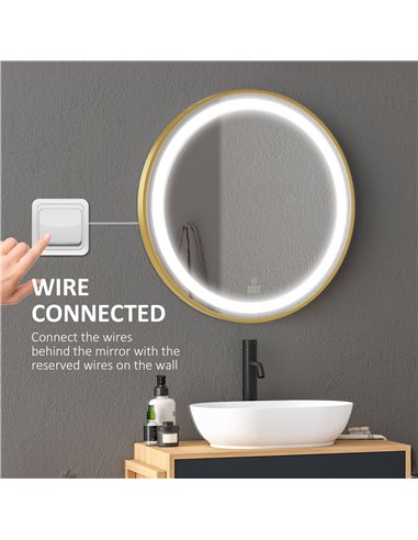 Kleankin Round LED Bathroom Mirror, Dimmable Lighted Wall Mount Mirror with 3 Colours, Time Display, Memory Function, Hardwired