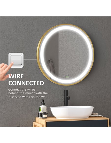 Kleankin Round LED Bathroom Mirror, Dimmable Lighted Wall Mount Mirror with 3 Colours, Time Display, Memory Function, Hardwired - pic 21585 | FastDaddyshop