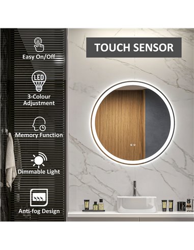 Kleankin Round Bathroom Mirror with 3 Temperature Colours, LED, Defogging Film, Memory Function