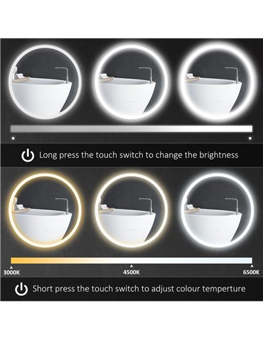 Kleankin Round Bathroom Mirror with 3 Temperature Colours, LED, Defogging Film, Memory Function