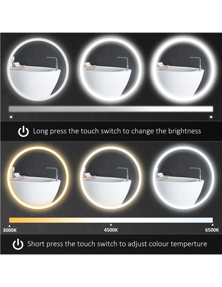 Kleankin Round Bathroom Mirror with 3 Temperature Colours, LED, Defogging Film, Memory Function - pic 21628 | FastDaddyshop