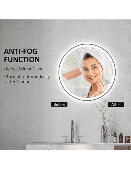 Kleankin Round Bathroom Mirror with 3 Temperature Colours, LED, Defogging Film, Memory Function - pic 21629 | FastDaddyshop