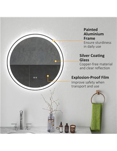 Kleankin Round Bathroom Mirror with 3 Temperature Colours, LED, Defogging Film, Memory Function