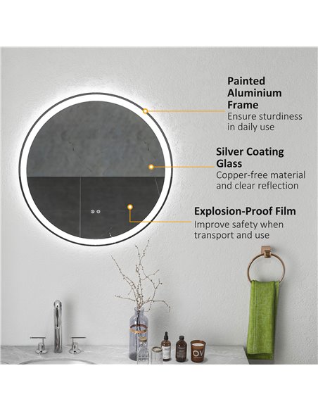 Kleankin Round Bathroom Mirror with 3 Temperature Colours, LED, Defogging Film, Memory Function - pic 21630 | FastDaddyshop