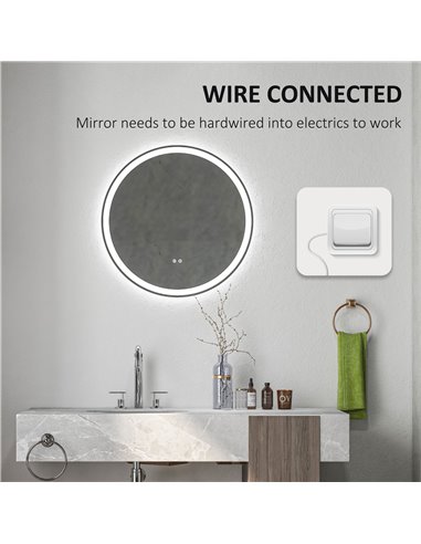 Kleankin Round Bathroom Mirror with 3 Temperature Colours, LED, Defogging Film, Memory Function