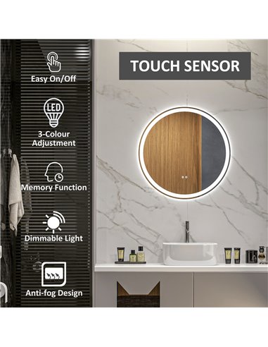 Kleankin 60cm Round Bathroom Mirror with LED, Defogging Film, Memory Function