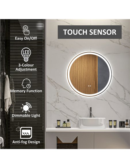 Kleankin 60cm Round Bathroom Mirror with LED, Defogging Film, Memory Function - pic 21636 | FastDaddyshop