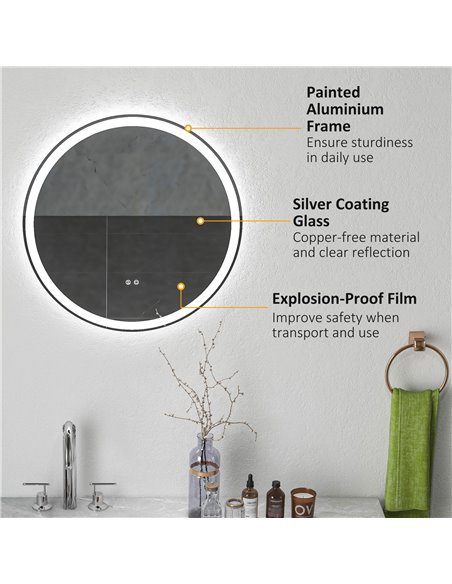 Kleankin 60cm Round Bathroom Mirror with LED, Defogging Film, Memory Function - pic 21639 | FastDaddyshop