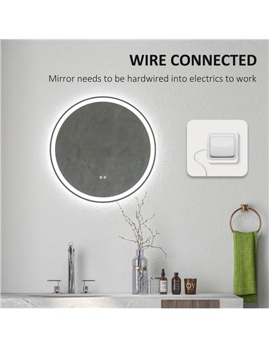 Kleankin 60cm Round Bathroom Mirror with LED, Defogging Film, Memory Function