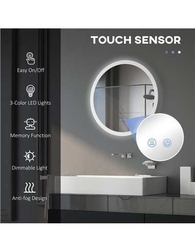 Kleankin 60cm Round Bathroom Mirror with LED Lights, Defogging Film, Memory Function