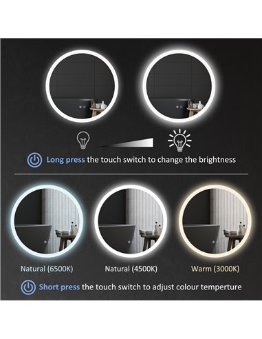 Kleankin 60cm Round Bathroom Mirror with LED Lights, Defogging Film, Memory Function