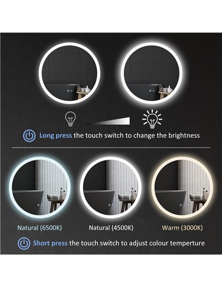 Kleankin 60cm Round Bathroom Mirror with LED Lights, Defogging Film, Memory Function - pic 21664 | FastDaddyshop