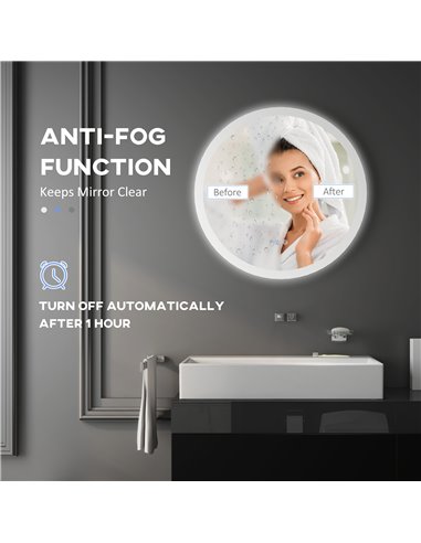 Kleankin 60cm Round Bathroom Mirror with LED Lights, Defogging Film, Memory Function