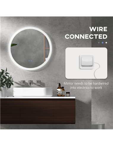 Kleankin 60cm Round Bathroom Mirror with LED Lights, Defogging Film, Memory Function