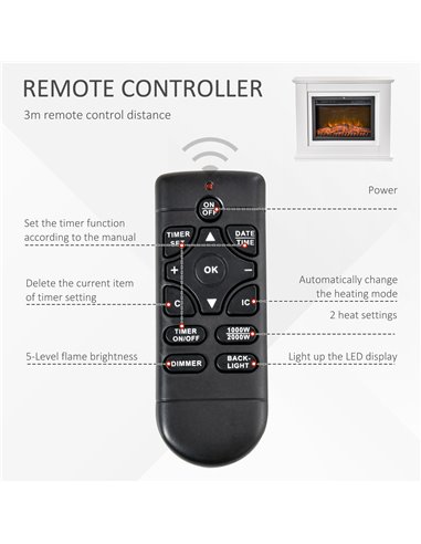 HOMCOM 1kW/2kW Electric Fireplace Heater with Remote Control, Flame Effect, White