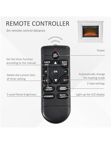 HOMCOM 1kW/2kW Electric Fireplace Heater with Remote Control, Flame Effect, White - pic 21682 | FastDaddyshop