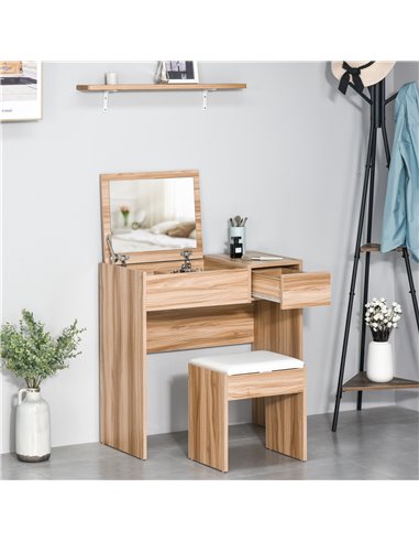 HOMCOM Dressing Table Set with Cushioned Stool, Flip-up Mirror, Drawer, Wood Grain Colour