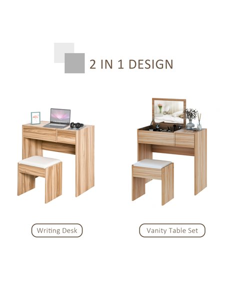 HOMCOM Dressing Table Set with Cushioned Stool, Flip-up Mirror, Drawer, Wood Grain Colour - pic 21726 | FastDaddyshop