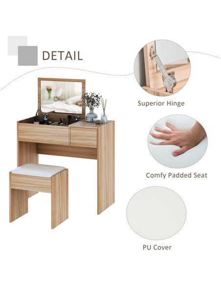 HOMCOM Dressing Table Set with Cushioned Stool, Flip-up Mirror, Drawer, Wood Grain Colour - pic 21727 | FastDaddyshop