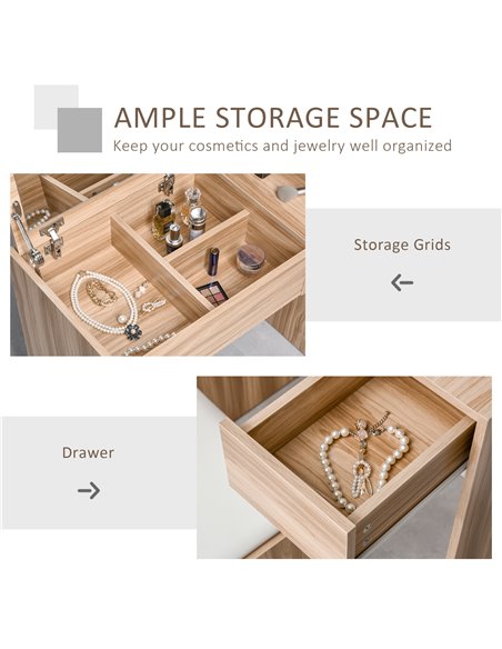 HOMCOM Chipboard Dressing Table Set Cushioned Stool Flip-up Mirror Drawer Wood Grain Colour - pic 21728 | FastDaddyshop