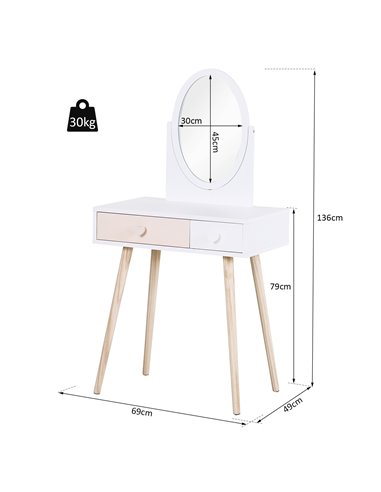 HOMCOM Kids MDF Dressing Table with Heart-Shaped Handles, White