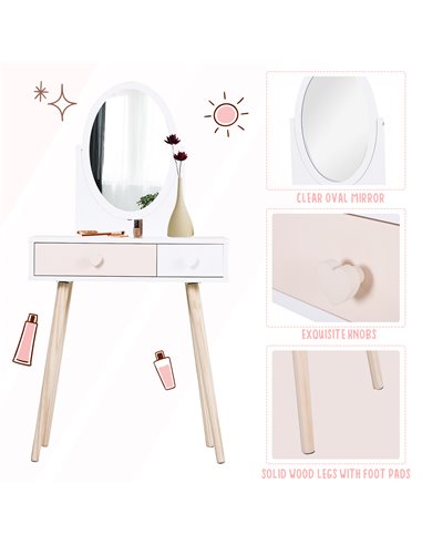 HOMCOM Kids MDF Dressing Table w/ Heart-Shaped Handles White