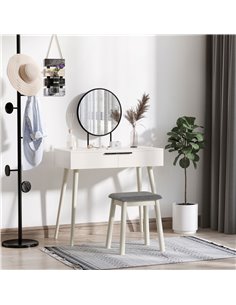 HOMCOM Dressing Table Set with Round Mirror, Cushioned Stool, 2 Drawers, White 2