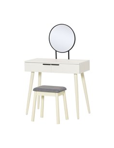HOMCOM Dressing Table Set with Round Mirror, Cushioned Stool, 2 Drawers, White