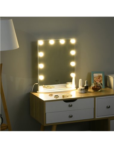 HOMCOM Hollywood Mirror with 12 Dimmable LED Bulbs and USB Plug in Power Supply, White