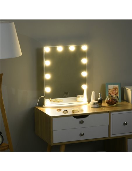 HOMCOM Hollywood Mirror with 12 Dimmable LED Bulbs and USB Plug in Power Supply, White - pic 21750 | FastDaddyshop