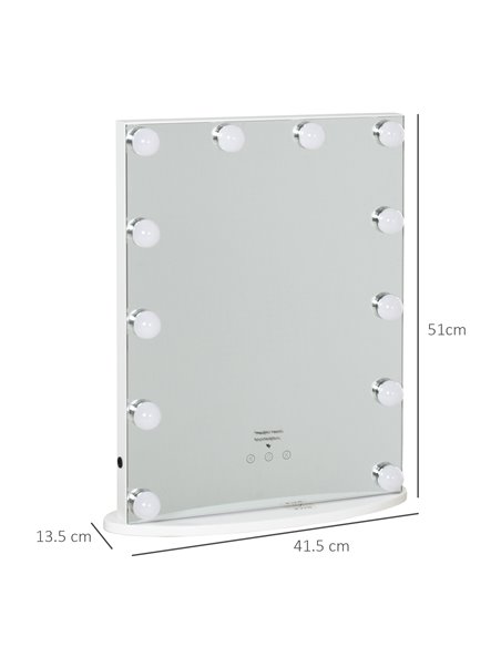 HOMCOM Hollywood Mirror with 12 Dimmable LED Bulbs and USB Plug in Power Supply, White - pic 21752 | FastDaddyshop