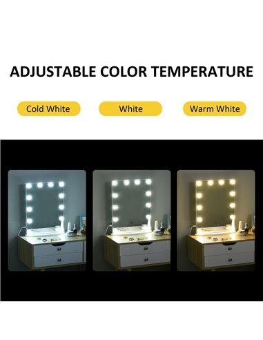 HOMCOM Hollywood Mirror with 12 Dimmable LED Bulbs and USB Plug in Power Supply, White