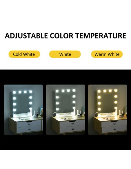 HOMCOM Hollywood Mirror with 12 Dimmable LED Bulbs and USB Plug in Power Supply, White - pic 21753 | FastDaddyshop