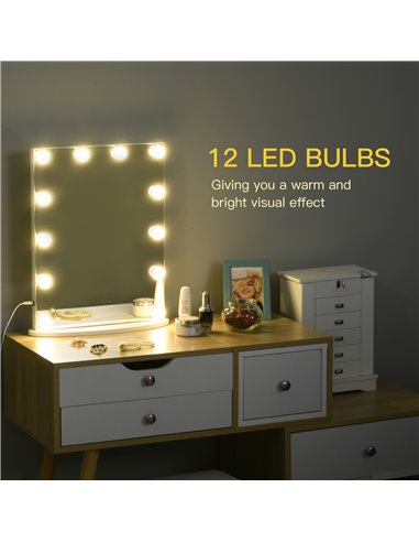 HOMCOM Hollywood Mirror with 12 Dimmable LED Bulbs and USB Plug in Power Supply, White