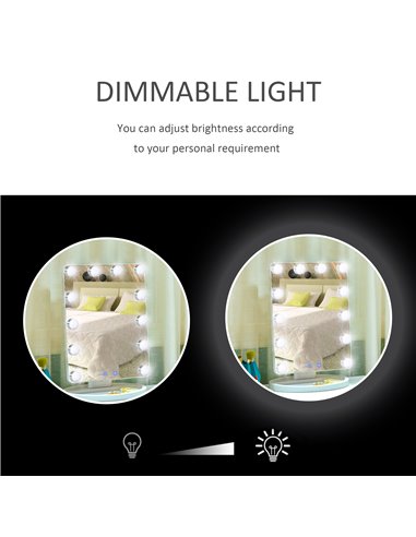 HOMCOM Hollywood Makeup Mirror with 12 Dimmable Bulbs, White