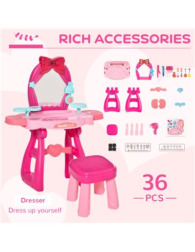 HOMCOM 3+ Kids Vanity Musical Dressing Table, Make Up Desk with Stool, Magic Mirror Lights, 36 Pcs